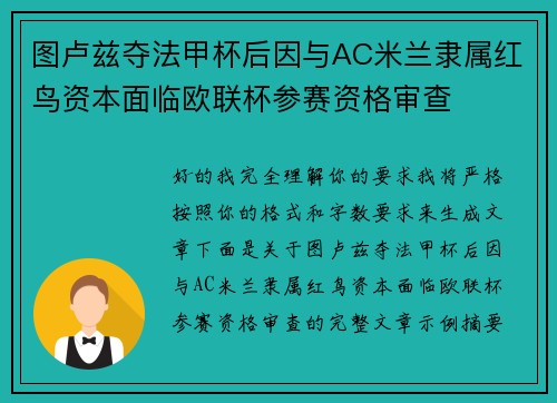 图卢兹夺法甲杯后因与AC米兰隶属红鸟资本面临欧联杯参赛资格审查 图卢兹夺法甲杯后因与AC米兰隶属红鸟资本面临欧联杯参赛资格审查