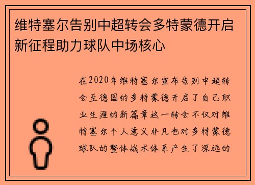 维特塞尔告别中超转会多特蒙德开启新征程助力球队中场核心 维特塞尔告别中超转会多特蒙德开启新征程助力球队中场核心
